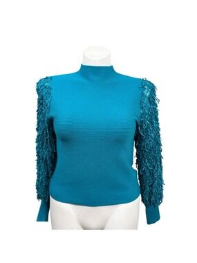 Sioni Milano Teal‎ Fringe Sleeve Sweater Top NWT Size Large Statement